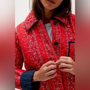Free People Alexie Red Quilted Jacket with Navy Details